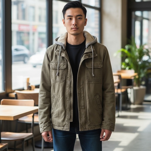 AMERICAN EAGLE Men's Olive Green Cotton Utility Field Jacket w/Sherpa Hood Small - Picture 1 of 15